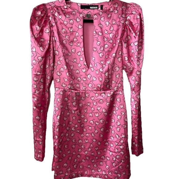 Rotate Birger Christensen Heart Print Satin Dress Pink Princess Coquette Size 6 - Picture 5 of 6
